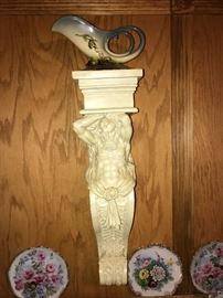 ORNATE HANGING WALL DECOR' AND HULL POTTERY WOODLAND PATTERN, HANDLED VASE