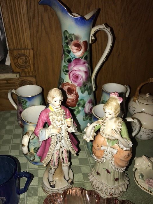 VINTAGE PORCELAIN FIGURINES AND LIMOGES PITCHERS