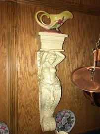 ORNATE HANGING WALL DECOR' AND HULL POTTERY WOODLAND PATTERN, HANDLED VASE