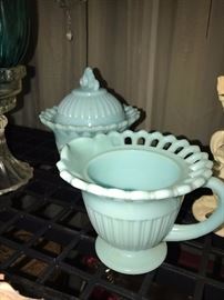 BLUE MILK GLASS CREAM AND SUGAR
