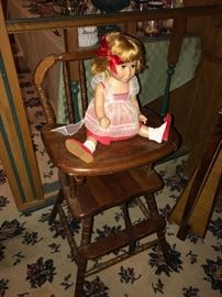 ANTIQUE WOODEN HIGH CHAIR AND CHATTY CATHY DOLL