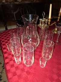 ETCHED CRYSTAL PITCHER WITH GLASSES