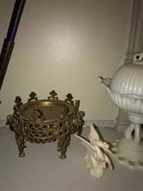 BRASS CANDLE STAND/ MILK GLASS