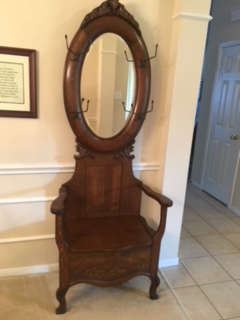 Antique Oak Hall Tree (with beveled oval mirror and storage seat)