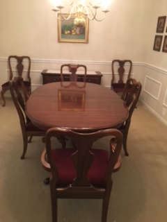 Solid Cherrywood Queen Anne Style Dining Room Set (incl. table with 2 extension leaves, 6 upholstered chairs with protective covers, and buffet)