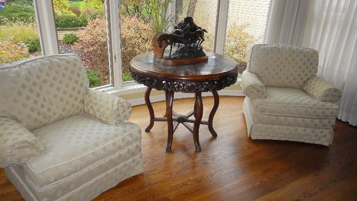 Oriental Center Table w/ Marble top  and hand carved apron.  Circa 1860's. Matching arm chairs