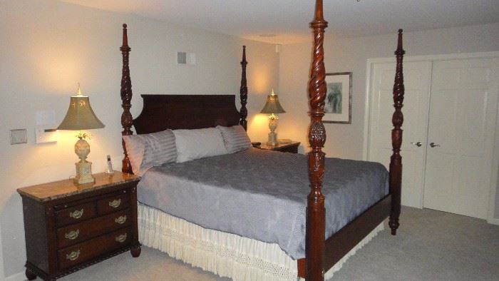 Kinkaid Master Bedroom set, King 4 poster Bed w/ Temperpedic mattresses, oversize marble topped nightstands , matching marble top dresser and armoire. 