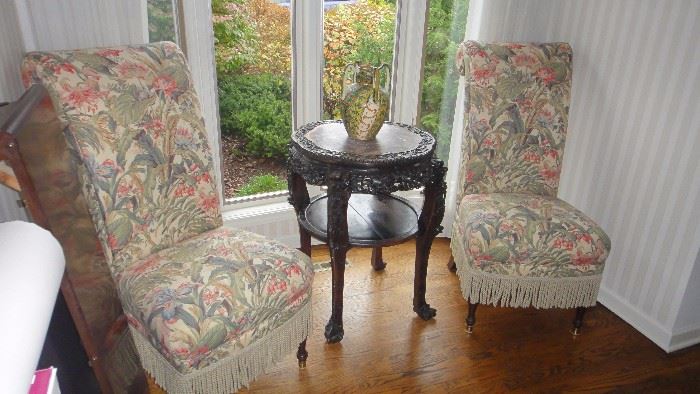 4 matching Parsons chairs, small carved oriental table 