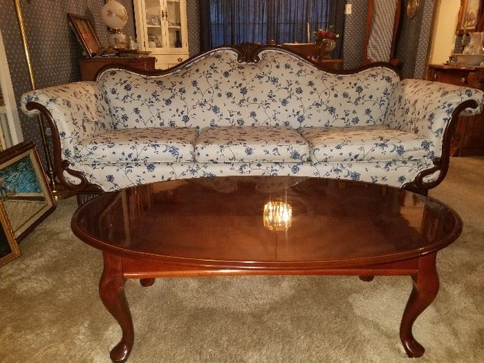 GORGEOUS antique Victorian couch with scroll arms and mahogany Victorian coffee table.   Both in pristine condition!!! 