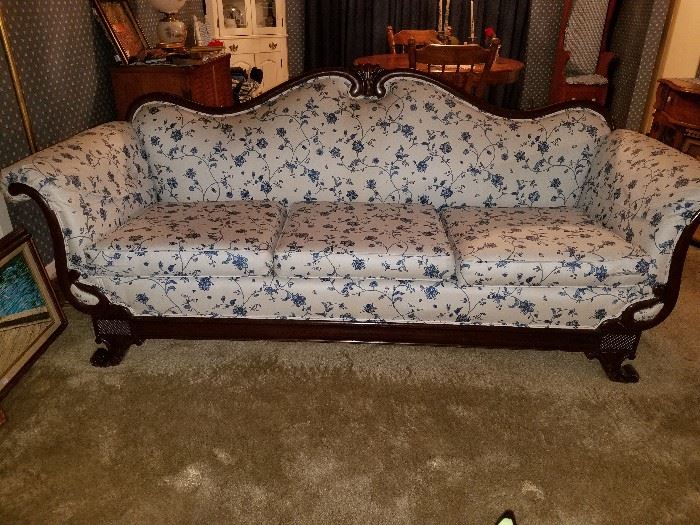 GORGEOUS antique Victorian couch with carved wood scroll arms in pristine condition!!! 