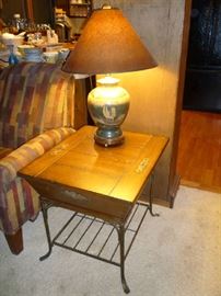 WOOD END TABLE W/STORAGE, LAMP