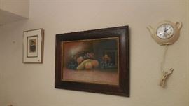 vintage metal wall clock, print of fruits 