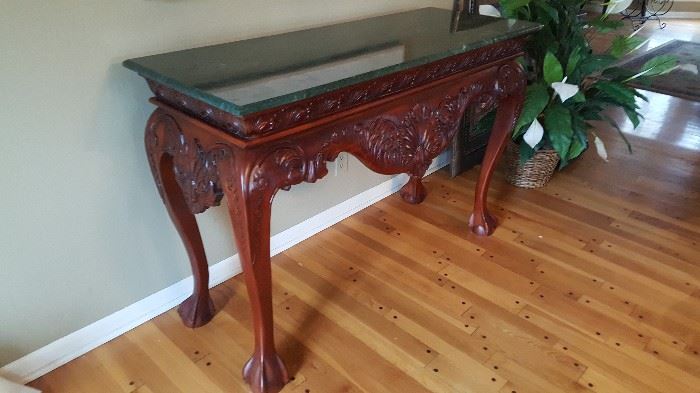Hand carved mahogany sofa/entryway table with marble top
