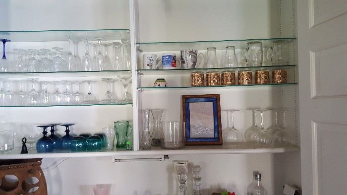 Misc. glassware including wine/beer glass collection of Ralph Lauren Polo matching the limited edition posters also for sale.