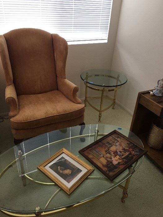 Arm Chair & Brass/Glass Coffee table & matching end table