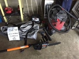 Multiple Garage and Tool Items - Jig Saw, Drill, Sander, Battery Charger, Shop Vac, Tree Trimmer, and Luggage Carrier