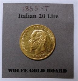 1865-T Gold 20 Lire Coin - Vittorio Emanuele II 