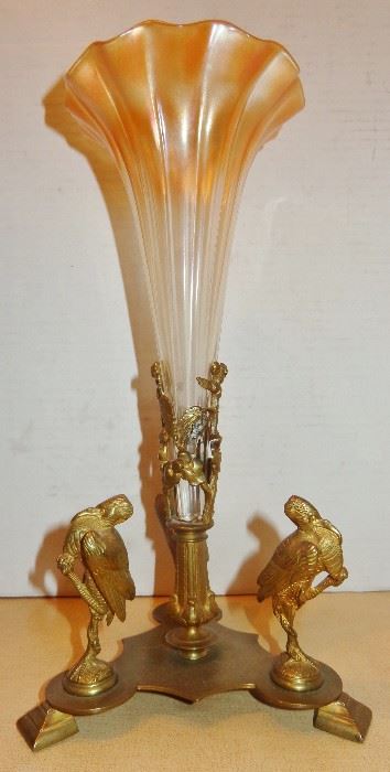 ART NOUVEAU CARNIVAL GLASS TRUMPET EPERGNE with CAST GILT HERON'S CLUTCHING SNAKE BASE