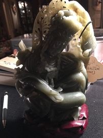 Quan Yin Jade Figurine HandCarved on Wooden Stand