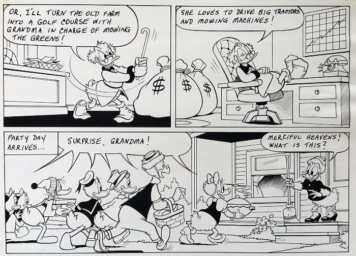 WALT DISNEY PRODUCTIONS - Original Comic Book & Comic Strip Artwork - MCMLXXXIII. DONALD DUCK & SCROOGE MCDUCK in "Grandma Quits" Page 9, Panel 1 - INKS