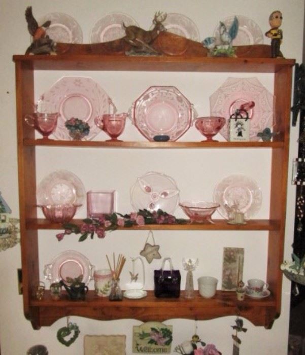 Wall shelf, Pink depression glass, misc. figurines, collectible glass/porcelain