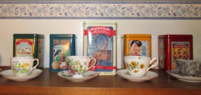 Vintage tins, cup & saucers