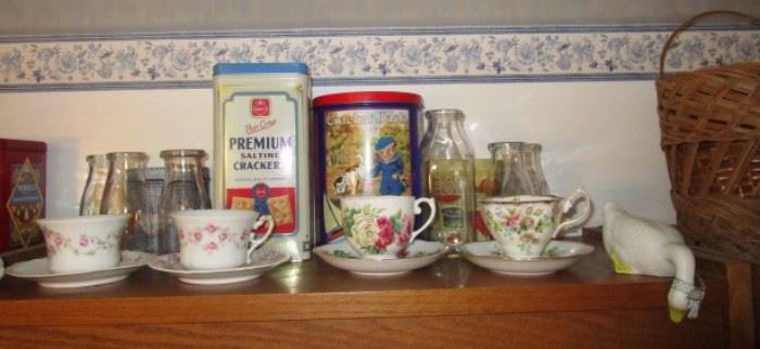Vintage tins, cups & saucers, milk bottles