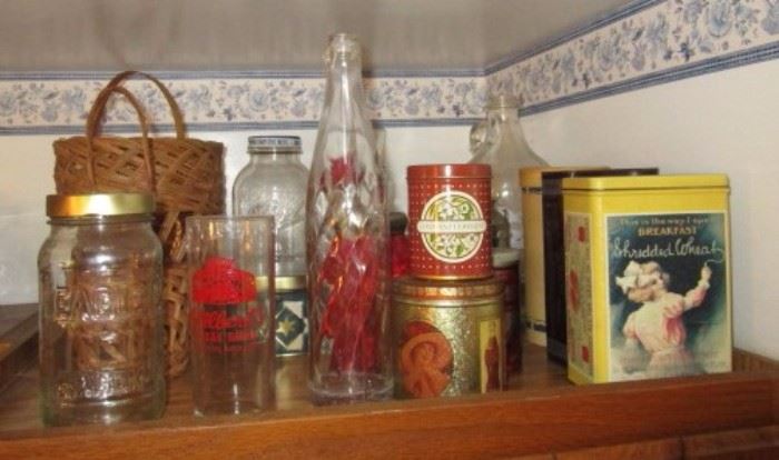 Vintage bottles, tins, baskets