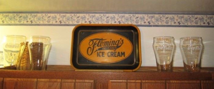 Fleming's Ice Cream tray, Coke glasses