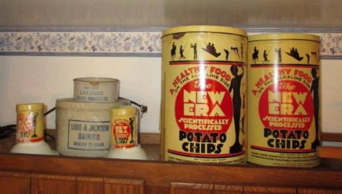 Jackson Advertising stoneware butter crocks, vintage potato chip tins