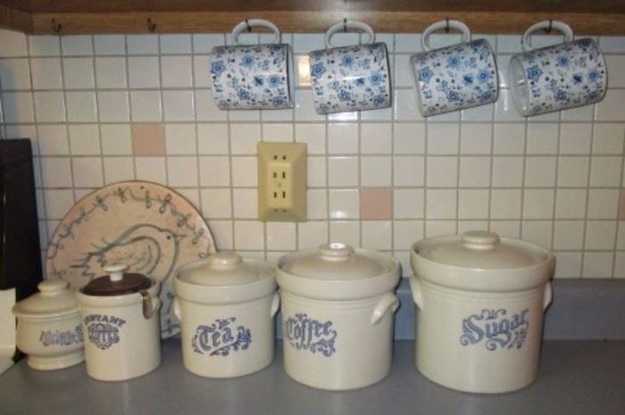 Pfaltzgraff canister set, misc. blue & white collectibles