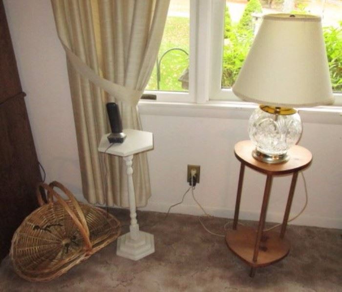 Small tables, plant stand, crystal glass lamp