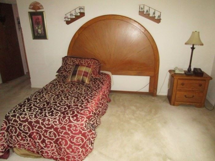 King size headboard, twin bed, nightstand, lap, wall decor