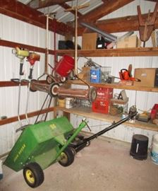 JD trailer, vintage mowers, weed wackers, etc.