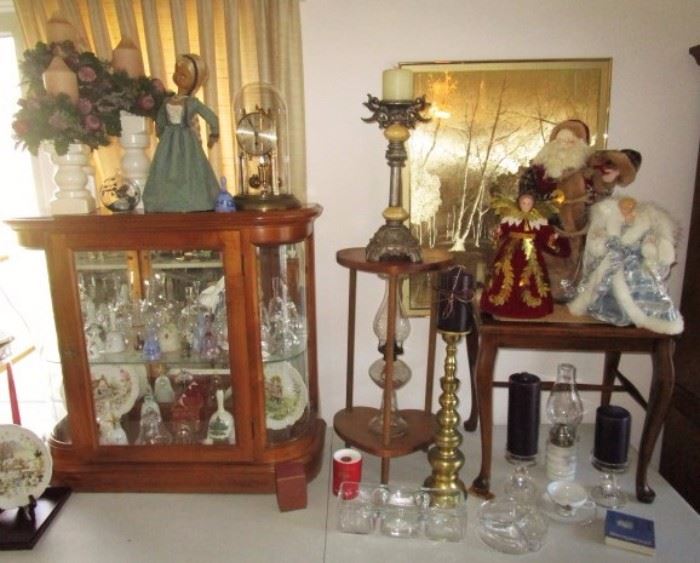 Lighted curio, bell collection, candle holders, , vintage German anniversary clock, Christmas collectibles, etc.