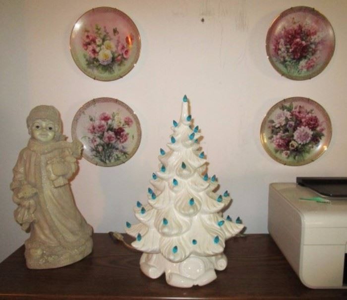 Ceramic Christmas tree, collectible hand painted plates, etc.