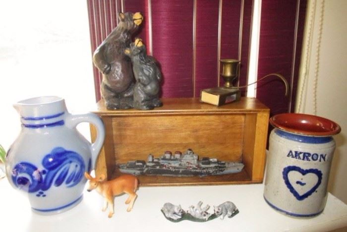 Hand crafted stoneware, wooden bear figurine, etc.