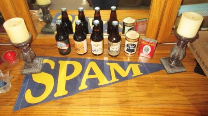 Span pennant, collectible beer bottles, can, tobacco tin, etc