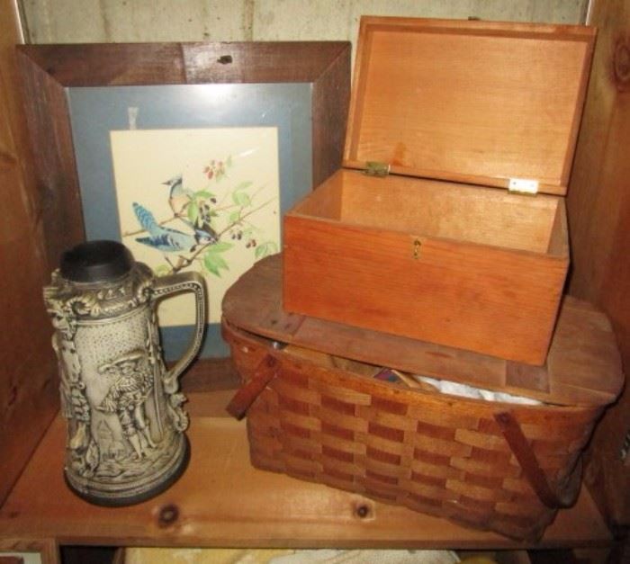 Picnic basket, wooden box, print, ceramic stein