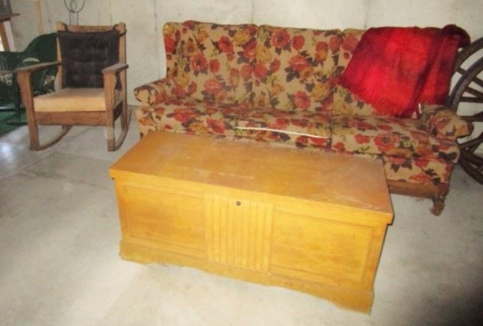 Lane cedar chest, vintage sofa, rocking chairs