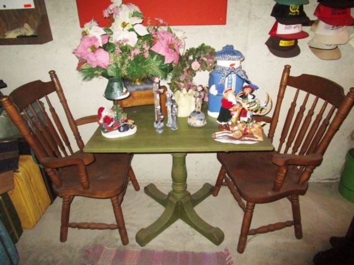 Wooden painted table, 2 wooden chairs, Christmas decor