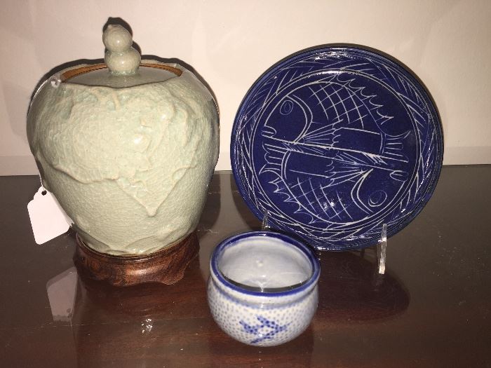 Lasko by Mikasa Covered Jar and Glazed Pottery Plate 