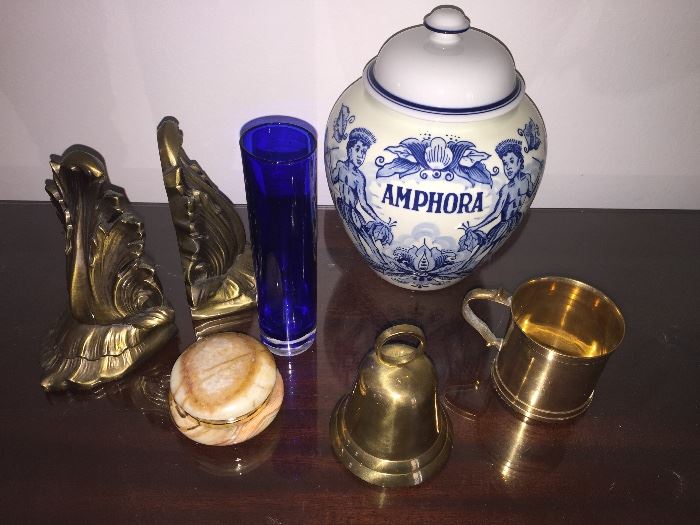 Delft Blue Tobacco Jar, Brass Bell, Cup, etc...