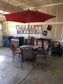 Patio set with table, 4 chairs, 2 side tables and umbrella with stand