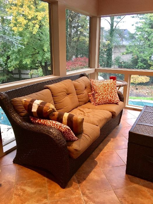 Woven natural fiber sofa with matching armchairs, ottoman and trunk coffee table