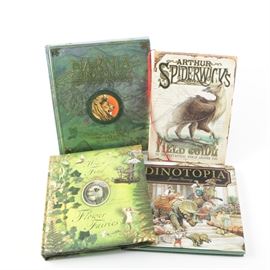 Four Fantasy Art Books: A collection of four fantasy art books. This collection features four hardcover books with pictorial dust jackets featuring fantasy artwork. The titles include Dinotopia by James Gurney (Turner Publishing, 1992), How to Find Flower Fairies by Cicely Mary Barker (Penguin Group, 2007), a limited edition copy of Arthur Spiderwicks Field Guide to the Fantastical World Around You by Tony DiTerlizzi and Holly Black (Simon & Schuster Books) and Narnia Chronology: From the Archives of the Last King (Harper Collins Publisher).