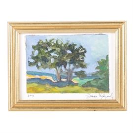 Oil Painting on Canvas of Landscape Scene: An oil painting on canvas of a landscape scene. This painting depicts a loose, gestural depiction of two trees situated in the midst of a rolling landscape. The composition is taped off and illegibly hand-signed with ink to the lower margins, dated 2016. The painting is presented in a gold tone wooden frame with hanging wire to the verso.