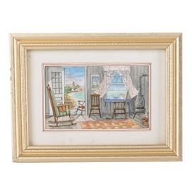 Frank MacDonald Watercolor Painting of a Coastal Home: A watercolor painting on paper of coastal home, by artist Frank MacDonald. This piece depicts a living space with its open door and window facing out toward a windy beach, sailboats and a lighthouse visible in the distance. The piece is signed in block letters and is matted under glass in a gold tone frame that is wired for hanging. There are labels to the verso. noting the artist as living in both Cape Coral, Florida and South Windsor, Connecticut.