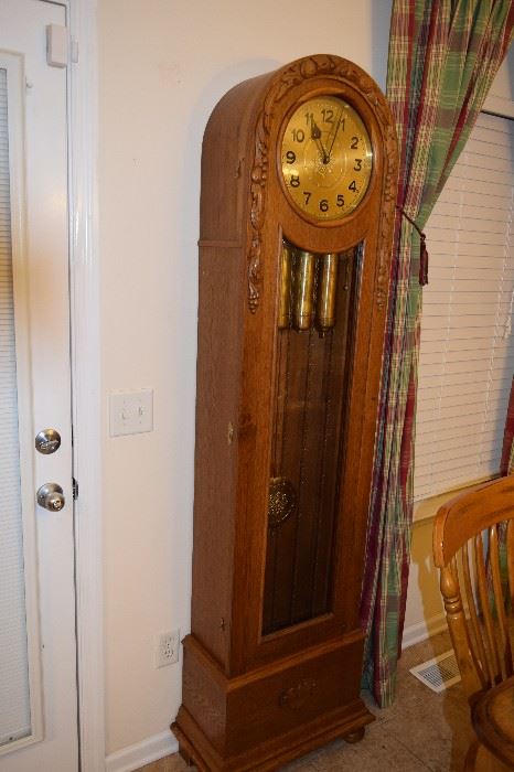 Antique German Carved Oak Round Top Floor Clock. The Most Beautiful Chime Sound I Have Ever Heard! Works Fine. 80" Tall X 18 1/2" Wide