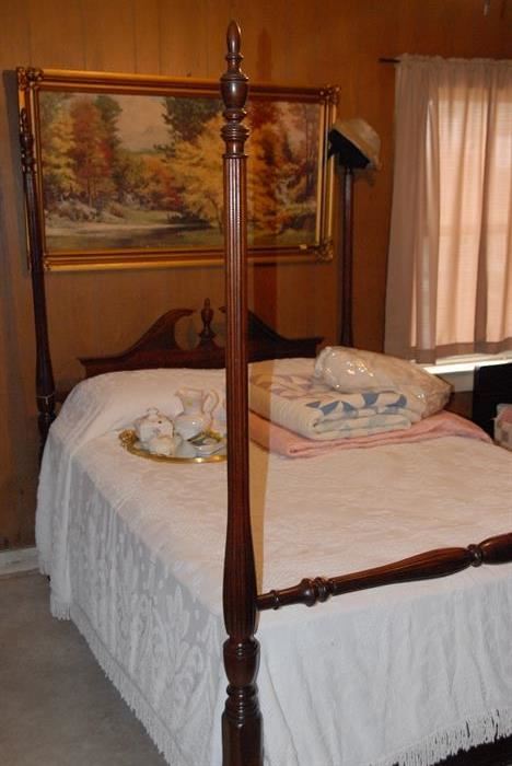 Mahogany four poster bed, excellent condition, several chenille bedspreads